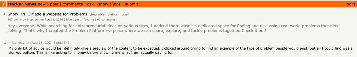 The Show HN post, 107 points and 63 comments, with the first comment asking to see content before signing up.