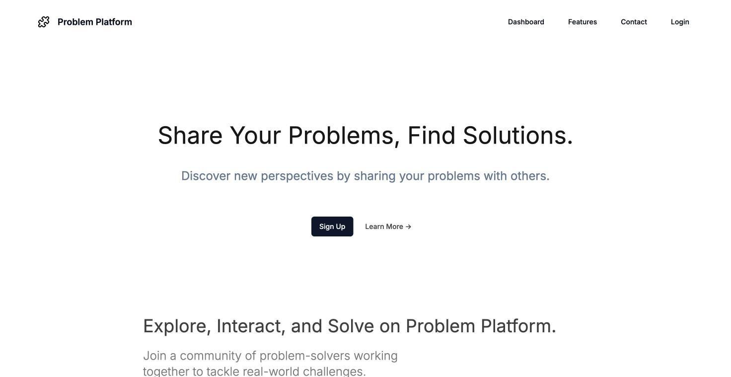 The Problem Platform landing page: Share Your Problems, Find Solutions.